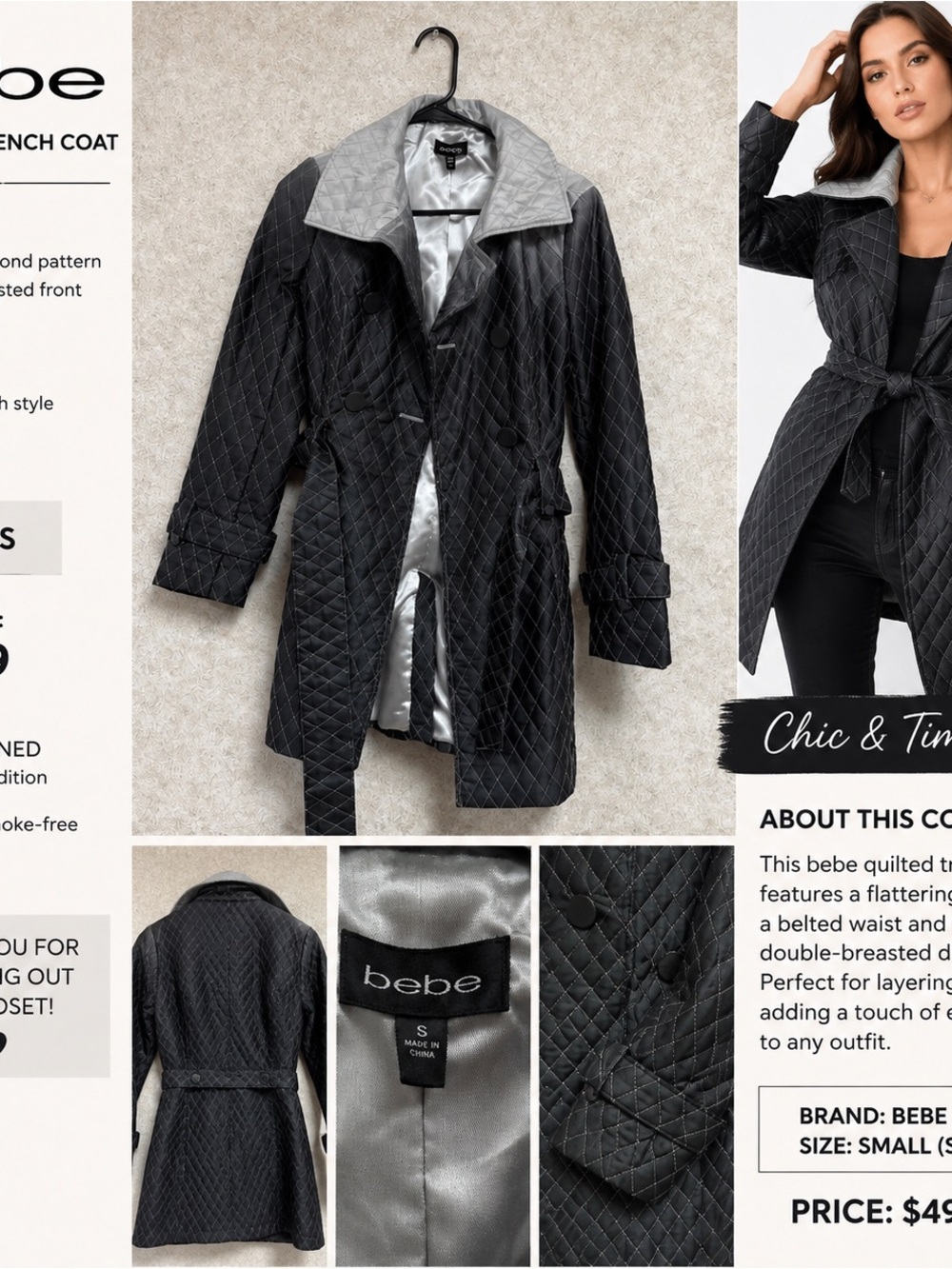 bebe Black Quilted Trench Coat with Silver Lining